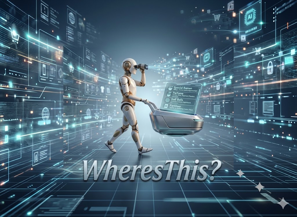 WheresThis AI robot assistant walking through a digital marketplace, pushing a smart cart with product search results on its display
