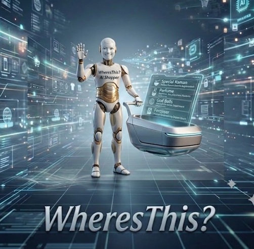 WheresThis AI Shopping Assistant - a friendly robot assistant waving with a smart shopping cart displaying product search results
